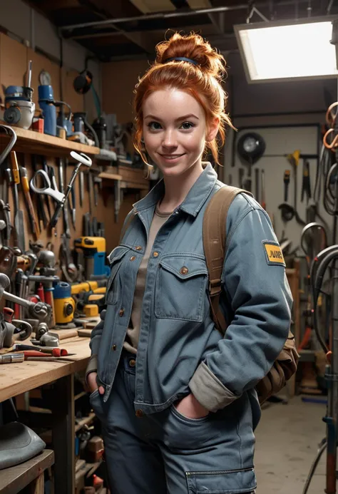 (medium full shot) of (efficient plumber) young woman, petite build, medium ginger messy bun hair, african, dark skin, black eyes, wearing a gray denim jacket, coveralls, work boots, utility belt headlamp, carrying a pipe wrench, set in  a busy workshop, with organized tools, sturdy workbenches, various plumbing parts, and professional equipment, in the afternoon, woman smiling, ,Masterpiece,best quality, raw photo, realistic, very aesthetic, dark