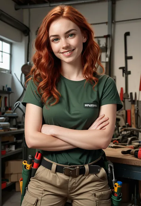 (medium full shot) of (rugged plumber) young woman, slender build, long red wavy down hair, german, light skin, dark green eyes, wearing a khaki t-shirt, utility pants, work boots, knee pads work gloves, carrying a pipe wrench, set in  a minimalist workshop, with clean lines, simple decor, essential tools neatly arranged, and ample workspace, in the afternoon, woman smiling, ,Masterpiece,best quality, raw photo, realistic, very aesthetic, dark