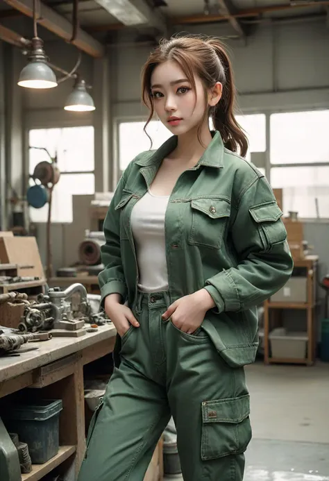 (medium full shot) of (professional plumber) young woman, busty build, extra long brown pigtails hair, chinese, pale skin, light brown eyes, wearing a green denim jacket, cargo pants, safety shoes, headlamp plumber tape, carrying a toolbox, set in  a busy workshop, with organized tools, sturdy workbenches, various plumbing parts, and professional equipment, in the evening, ,Masterpiece,best quality, photo, realistic, very aesthetic