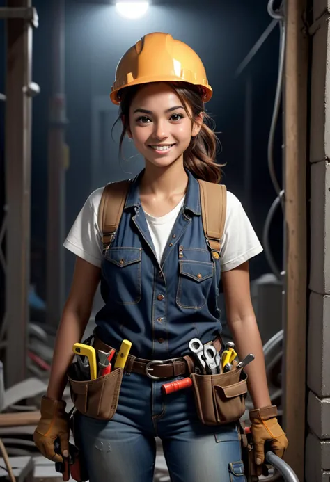 (medium full shot) of (friendly plumber) young woman, willowy build, medium brown ponytail hair, philippine, tan skin, light brown eyes, wearing a brown reflective vest, jeans, safety shoes, knee pads utility belt, carrying a set of plumbing tools, set in  a nighttime construction site, illuminated by powerful floodlights, casting long shadows as workers continue their tasks, creating an eerie yet industrious atmosphere, in the morning, woman smiling, ,Masterpiece,best quality, raw photo, realistic, very aesthetic