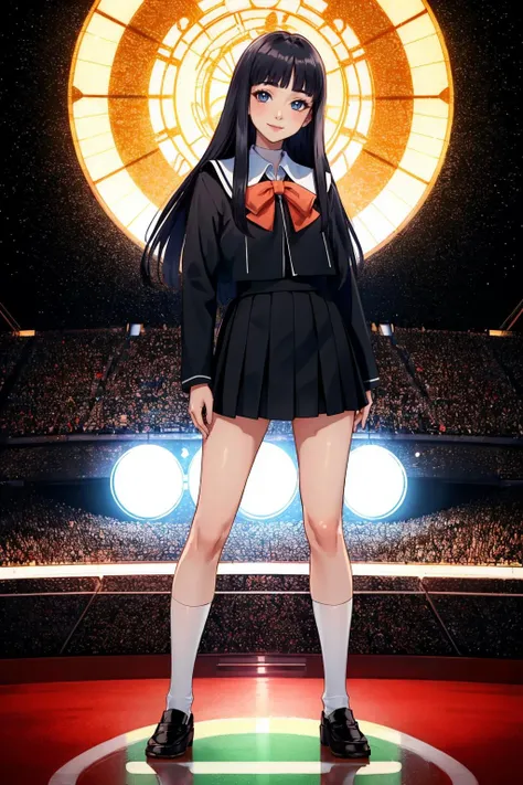 masterpiece, best quality, full body, concert, standing, looking at viewer, smile
<lora:zs_Miyabi:1> miyabip2, long hair, black hair, blunt bangs, school uniform, bow