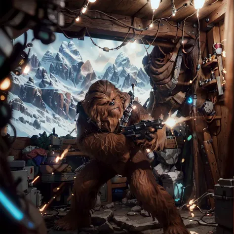 8k resolution, best quality, masterpiece:1.2, realistic, photo-realistic:1.37, ultra-detailed, best quality, ultra high res, professional lighting, photon mapping, radiosity, physically-based rendering, cinematic lighting, unreal engine, depth of field, sharp focus, raw photo, good composition, bokeh:1.2, 35mm lens:1.25, <lora:Wookie:.8> Wookie shooting at a target in the distance, mountains, rocks