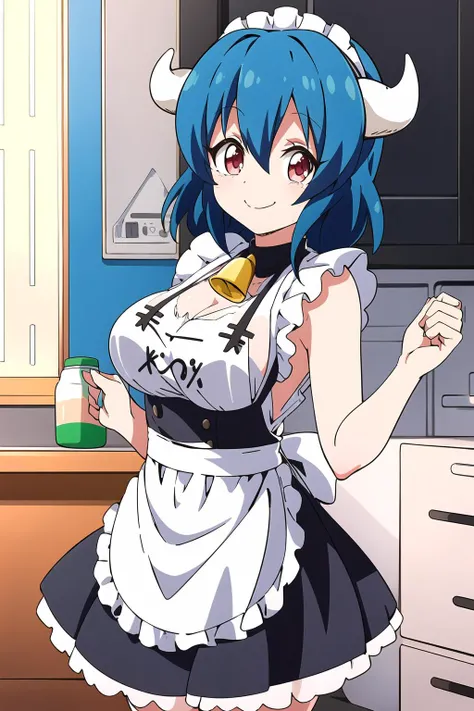 masterpiece, 1girl, minos \(jashin-chan dropkick\), horns, blue hair, cowbell, large breasts, maid outfit, milk, milk glass, cute, apron, frilly dress, best quality