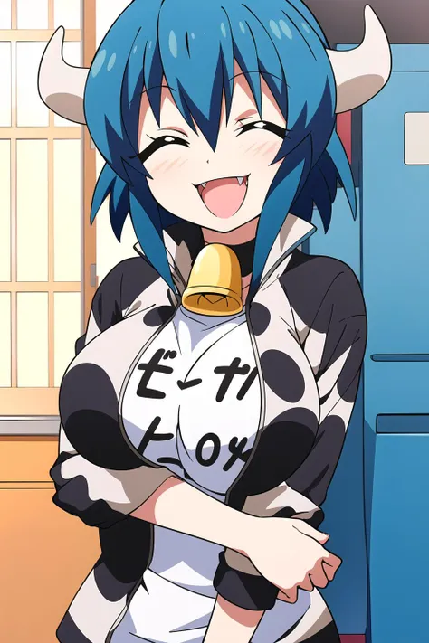 masterpiece, 1girl, minos \(jashin-chan dropkick\), horns, blue hair, cowbell, cow print, eyes closed, smile, hug, arms open, huge breasts, fang, beautiful, best quality