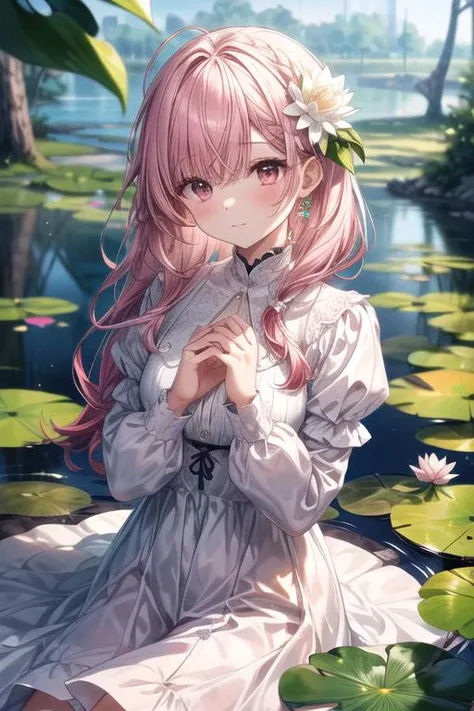 (Highest picture quality),(Master's work),(ultra-detailed),(Detailed eye description:1.2),masterpiece,best quality,beautiful detailed eyes and face,high quality hands,beautiful lines,depth of field,1girl,looking at viewer,solo,pink hair,long hair,flower,tree,water,lily pad,hair flower,dress,hair ornament,outdoors,long sleeves,pond,bangs,white dress,braid,puffy long sleeves,pink eyes,white flower,nature,(closed mouth),pink flower,puffy sleeves,lake,one hand on chest,<lora:add_detail:1>,