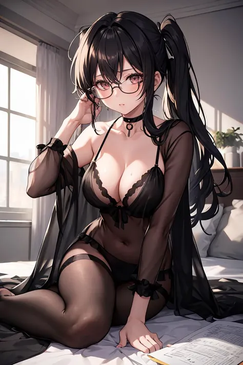 1 girl, Chiori \(genshin impact\), Alone, Sleeping, Closed eyes, lying down, View from above, glasses, choker:1.6, White long sleeve shirt with long sleeve collar, black leather corset, black gloves that cover your hands, shiny black leggings, looking at the viewer,, inside, depth of field, at night