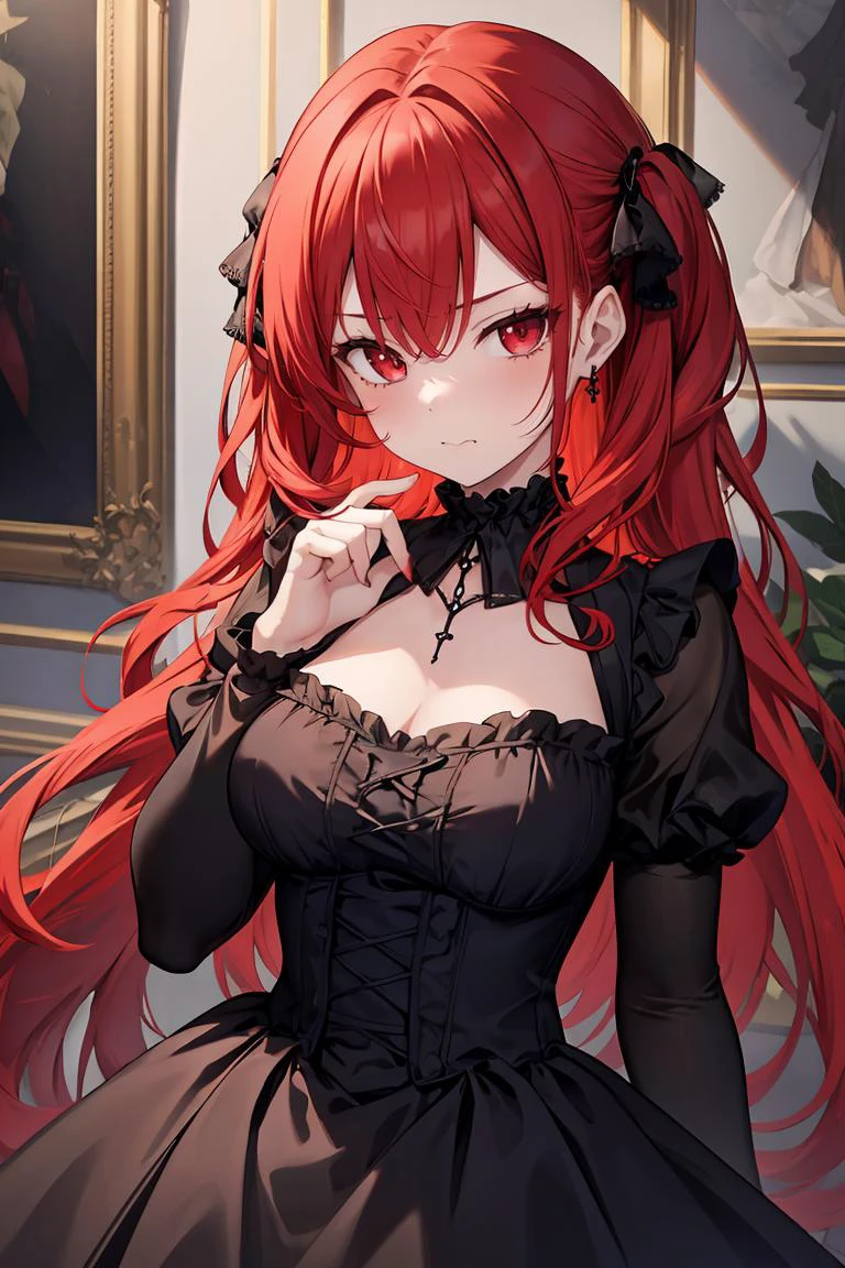(masterpiece, best quality), 1girl, red hair, medium chest, gothic frill dress, pervert face,