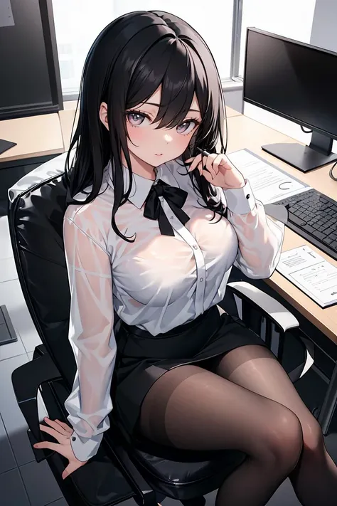 (masterpiece, best quality), a young black haired girl office secretary dressed in a transparent white blouse and black office skirt and black pantyhose ,sitting in an office chair, holding pencil, (detailed skin:1.3),(detailed eyes), (sharp focus), <lora:add_detail:1>