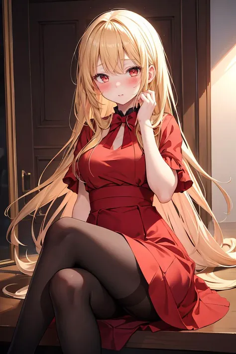 (masterpiece, best quality), 1girl, blonde hair, red dress, pantyhose, cute face, blush,