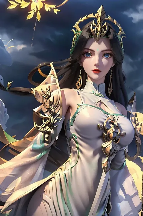 Close-up of a woman in a white dress with a dragon on her shoulder, Onmyoji Detailed Art, Hirose Jinyao, inspired by Lan Ying, extremely detailed art, inspired by the beautiful fantasy queen Zhu Lian, sea queen Mu Yanling, inspired by Park Hua, art medicine Liu, Keqing from Genshin impact, (perfect body 1.5), (huge breasts 1.5), (huge cleavage 1.5), (exposed breasts), (sheer underwear), breasts larger than the torso, crazy swollen breasts, ill-fitting clothes, Snow White Skin, Style Art Germ, Extremely Detailed Art Germ, IG Model, (Best Quality), Ultra Detailed, Ultra Realistic, Octane Renderer, High Dynamic Range (HDR), 32K Resolution, Super Resolution, Megapixels, Tyndall Effect, Lens Hare, Shadow, Backlight, Depth of Field, Natural Daylighting, Hard Focus, Film Grain, Mirror Light Hologram, Ray Tracing,