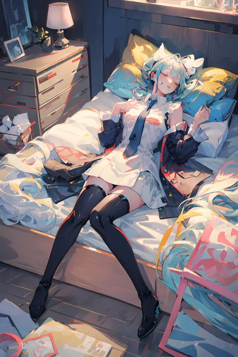 ((best quality)), ((masterpiece)), (detailed), perfect face,
Girl, small, white hair, full body view, laying on bed, wearing plated skirt white blouse and high socks, spread legs , one of her hand is around her ear, on her tight is strapped small battery box vith wire leading to her panties 