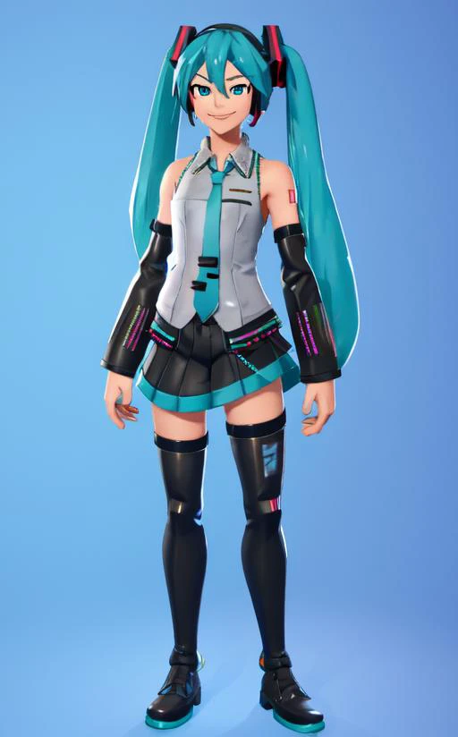 Fortnite, mikudef, smug grin, blue background <lora:FortSketcherAlpha:.75> <lora:hatsunemiku1-000006:1>