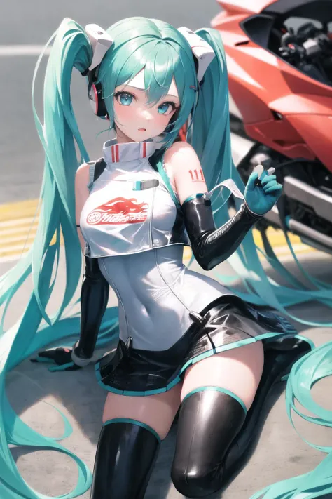 1girl, motorcycle, <lora:hatsunemiku1:1>, hatsune miku, racing2022