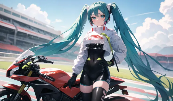 masterpiece, 1girl, racing2022, <lora:hatsunemiku1:1>, hatsune miku, black thighhighs,
motorcycle, standing, looking at viewer, race track, road, blue sky,