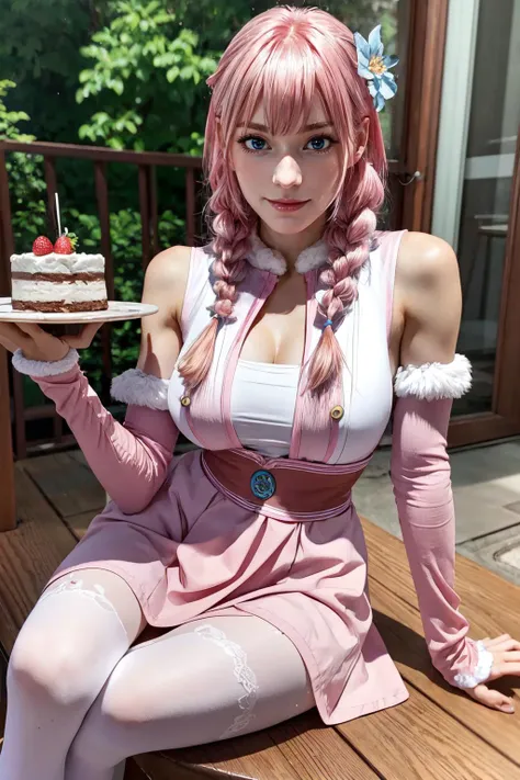 a woman sitting behind a table in a cafe, outside, holding a fork on handle with cake on it:1.4, fork at mouth,  looking at cake:1.2, piece of cake on table coffee on table, mouth open, happy, eating cake:1.4, butterflies, beautiful eyes, beautiful girl, high detail skin, high detail eyes, high detail hair, highres, ultra detailed, sharpen picture, Highly detailed, masterpiece, best quality, photorealistic,
 <lora:Xiao RouqingLora:0.8> 1girl, long pink hair, bangs, bare shoulders, dress, ahoge, twin braids, detached sleeves, fur trim, gloves, hair flower, thighhighs, cleavage