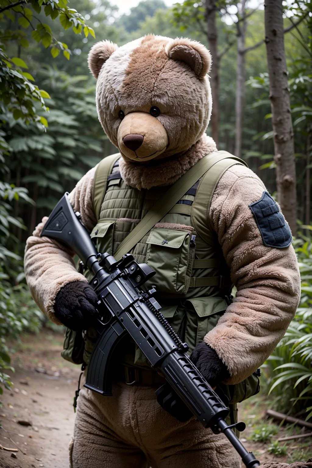teddy_bear soldier in jungle, (soldier outfit:1.5), (holding rifle:1.5), photorealism, bear, plushie, centered, 8k, F2.8, RAW Photo, ultra detailed, extremely detailed <lora:TeddyBear:0.4>