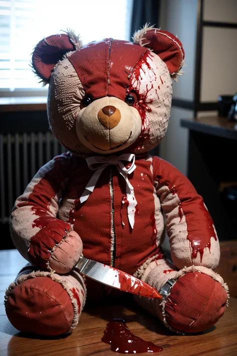 (bloody:1.8) gory teddy_bear, holding knife, photorealism, bear, plushie, centered, 8k, F2.8, RAW Photo, ultra detailed, extremely detailed <lora:TeddyBear:0.5>