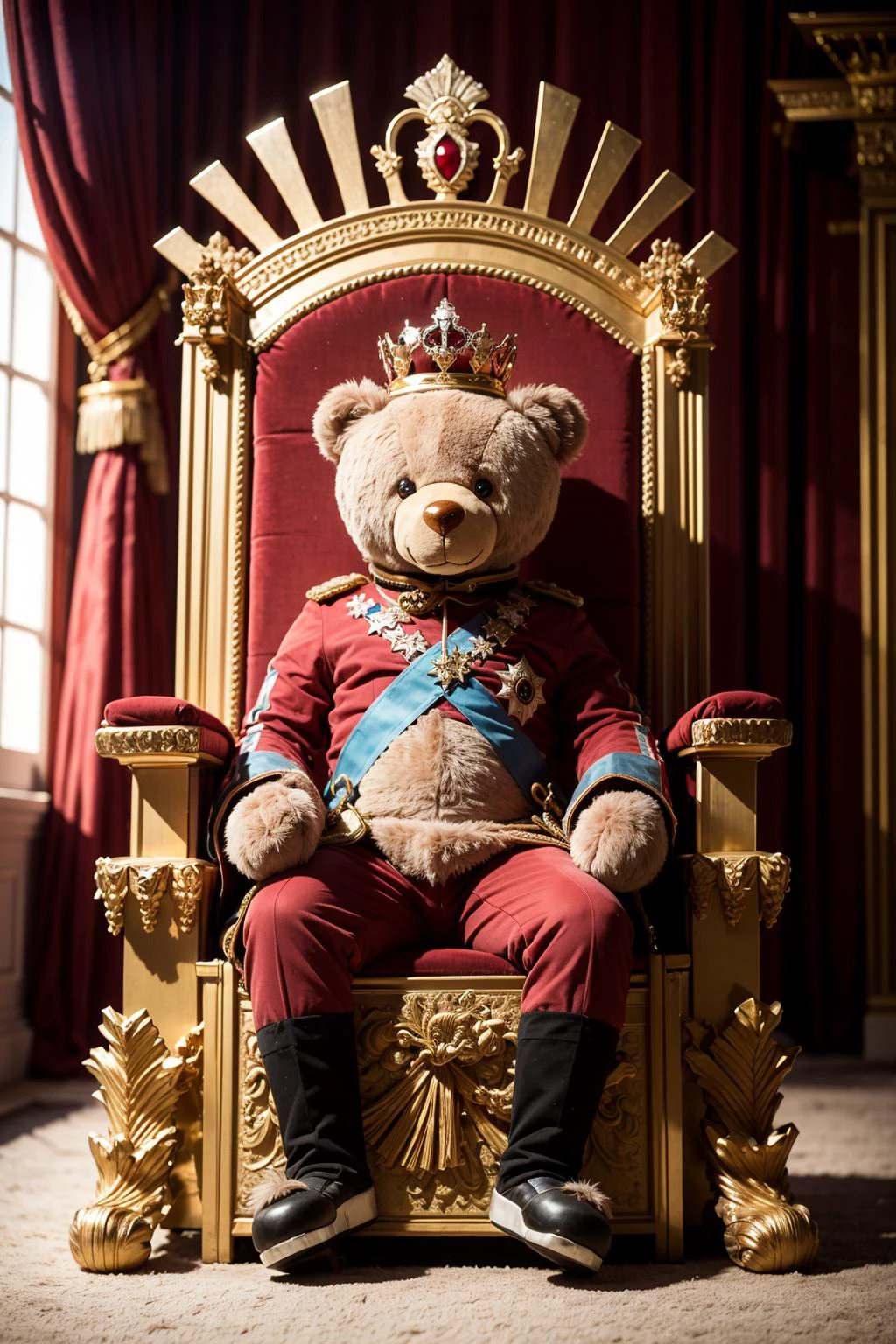 (king:1.2) teddy_bear in (palace:1.3) (on throne:1.5), (crown:1.2), photorealism, bear, plushie, centered, 8k, F2.8, RAW Photo, ultra detailed, extremely detailed <lora:TeddyBear:0.4>