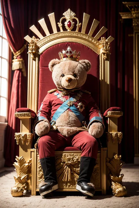 (king:1.2) teddy_bear in (palace:1.3) (on throne:1.5), (crown:1.2), photorealism, bear, plushie, centered, 8k, F2.8, RAW Photo, ultra detailed, extremely detailed <lora:TeddyBear:0.4>