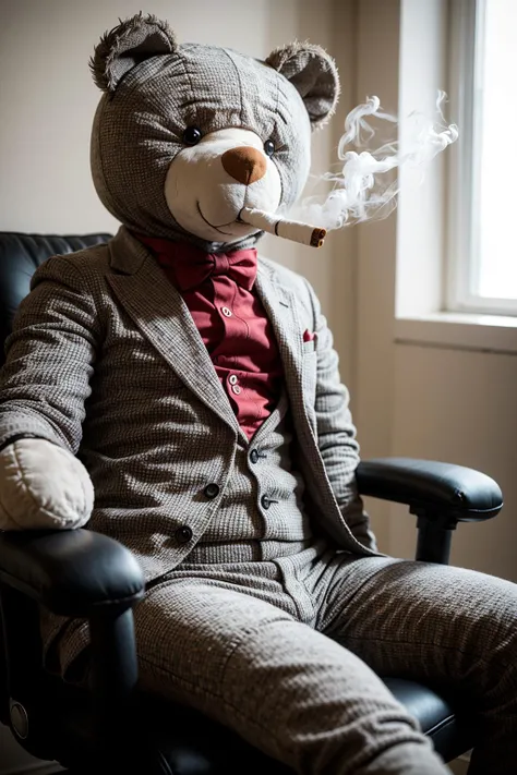 (gangster:1.5) teddy_bear in suit (smoking cigarette:1.3), sitting in office chair, (cigarette smoke:1.1), photorealism, bear, plushie, centered, 8k, F2.8, RAW Photo, ultra detailed, extremely detailed <lora:TeddyBear:0.4>