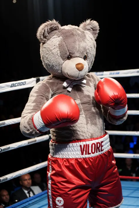 teddy_bear (boxing match:1.0), (boxing gloves:1.0), photorealism, bear, plushie, centered, 8k, F2.8, RAW Photo, ultra detailed, extremely detailed <lora:TeddyBear:0.7>