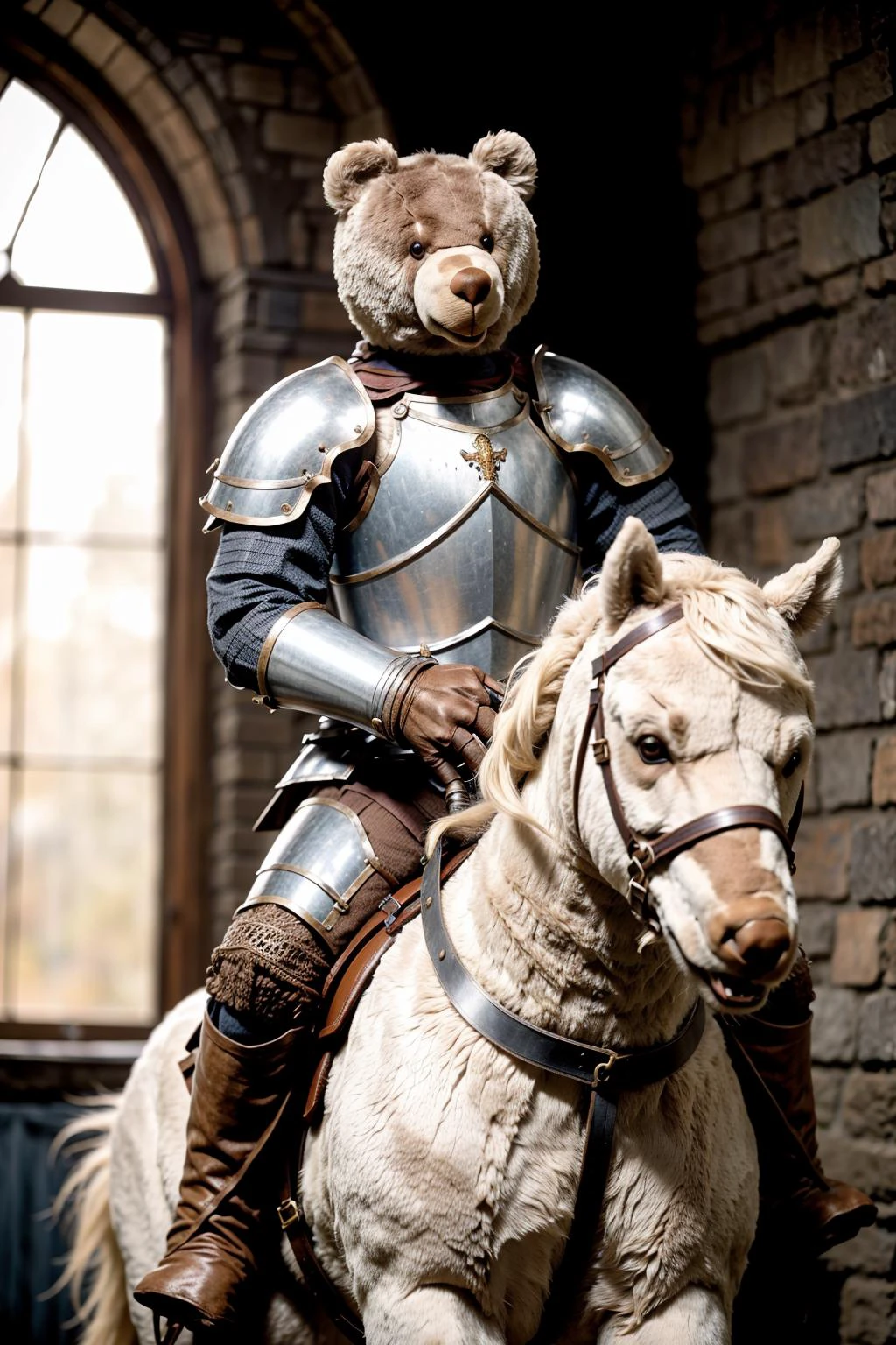 teddy_bear riding on a horse, (medieval knight:1.2) (in armor:1.1), (on horse:1.2), castle, photorealism, bear, plushie, centered, 8k, F2.8, RAW Photo, ultra detailed, extremely detailed <lora:TeddyBear:0.7> <lora:riding_a:0.5>