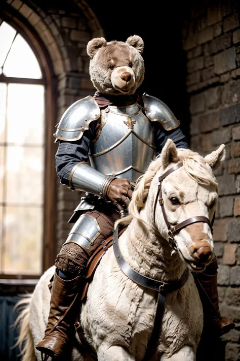 teddy_bear riding on a horse, (medieval knight:1.2) (in armor:1.1), (on horse:1.2), castle, photorealism, bear, plushie, centered, 8k, F2.8, RAW Photo, ultra detailed, extremely detailed <lora:TeddyBear:0.7> <lora:riding_a:0.5>