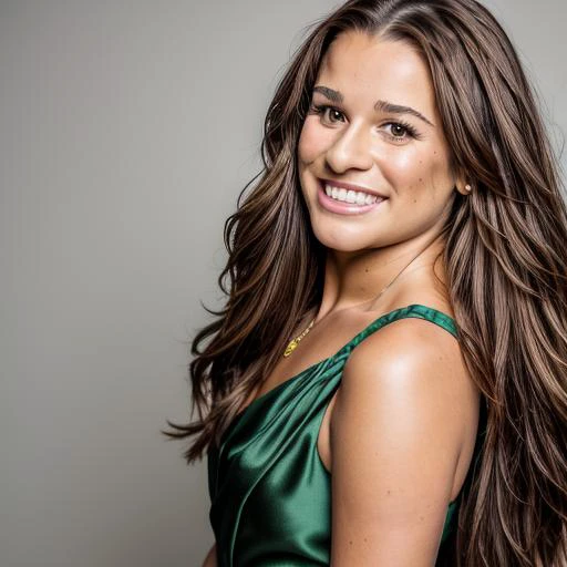 a Realistic photo of a lea michele woman with brown eyes and long brown Hair style, looking at the viewer, detailed face, detailed eyes, (smiling showing teeth:1.1), perfect slim body, modelshoot style, hand on own shoulder, wearing a green dress, wearing gold earrings and jewelry, soft lighting, professional Photography, Photorealistic, detailed, standing in a dark Studio Room background, blurred background, RAW, analog, sharp focus, 8k, HD, DSLR, high quality, Fujifilm XT3, film grain, award winning, masterpiece <lora:lea michele v1.0:1>
