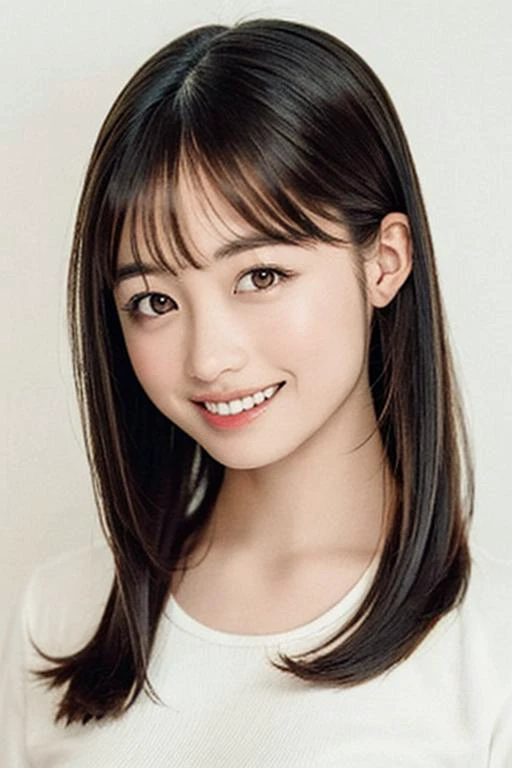 kannahashimotoreal, (masterpiece), best quality, dslr, 1 girl, woman, (looking at viewer), smile:0.6, upper body, medium hair, small breasts, white shirt, (white background), <lora:kannahashimotolora:1>,