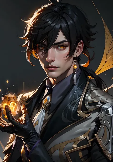 masterpiece, best quality,zhongli (genshin impact), male focus, jewelry, long hair, 1boy, solo, earrings, bangs, gloves, ponytail, black gloves, multicolored hair, brown hair, hair between eyes, single earring, jacket, tassel earrings, long sleeves, tassel, looking at viewer, yellow eyes,gradient hair, suit, black hair, (grey background:1.4),(kbxll:0.6), china city light background <lora:zhongli:1>