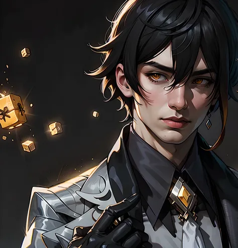 1boy!!!, solo!!!, masterpiece, best quality,zhongli (genshin impact), male focus, jewelry, long hair, earrings, bangs, gloves, ponytail, black gloves, multicolored hair, brown hair, hair between eyes, single earring, jacket, tassel earrings, long sleeves, tassel, looking at viewer, yellow eyes,gradient hair, suit, black hair, (grey background:1.4),(kbxll:0.6) <lora:zhongli:0.8>