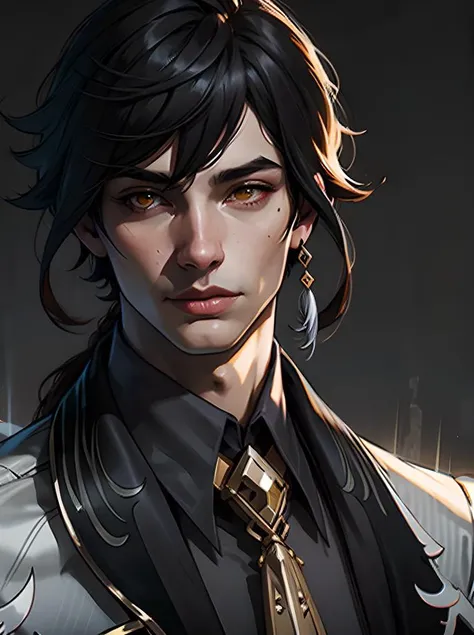 1boy!!!, solo!!!, masterpiece, best quality,zhongli (genshin impact), male focus, jewelry, long hair, earrings, bangs, gloves, ponytail, black gloves, multicolored hair, brown hair, hair between eyes, single earring, jacket, tassel earrings, long sleeves, tassel, looking at viewer, yellow eyes,gradient hair, suit, black hair, (grey background:1.4),(kbxll:0.6) <lora:zhongli:0.8>