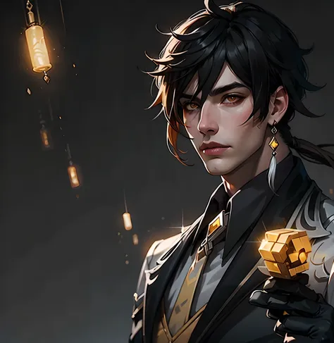 1boy!!!, solo!!!, masterpiece, best quality,zhongli (genshin impact), male focus, jewelry, long hair, earrings, bangs, gloves, ponytail, black gloves, multicolored hair, brown hair, hair between eyes, single earring, jacket, tassel earrings, long sleeves, tassel, looking at viewer, yellow eyes,gradient hair, suit, black hair, (grey background:1.4),(kbxll:0.6) <lora:zhongli:0.8>