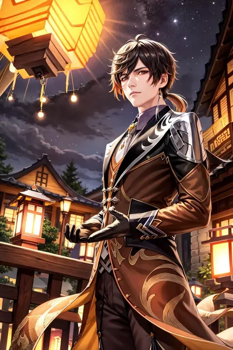 masterpiece, best quality,zhongli (genshin impact), long hair, 1boy, male focus, sky, solo, brown hair, lantern, single earring, night, gloves, tassel, bangs, black gloves, jewelry, tassel earrings, ponytail, arm behind back, hair between eyes, jacket, long sleeves, yellow eyes, earrings, multicolored hair, shirt, necktie, collared shirt, formal, night sky, cloud, looking at viewer, mountain, suit, floating object, outdoors, watercraft, paper lantern, closed mouth, pants, star (sky), gradient hair, ocean,(kbxll:0.6)