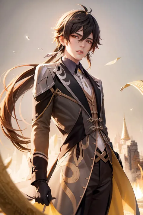 masterpiece, best quality,zhongli (genshin impact), male focus, jewelry, long hair, 1boy, solo, earrings, bangs, gloves, ponytail, black gloves, multicolored hair, brown hair, hair between eyes, single earring, jacket, tassel earrings, long sleeves, tassel, looking at viewer, yellow eyes,gradient hair, suit, black hair, (grey background:1.4),(kbxll:0.6)