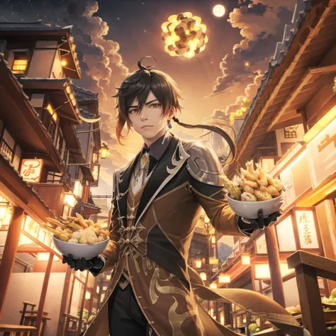 (extremely detailed CG unity 8k wallpaper, masterpiece, best quality, ultra-detailed), (best illumination, best shadow), perfect face, dynamic pose, dynamic angle,
((1boy)), solo, face, upperbody, food focus, zhongli (genshin impact), (tendon:1.1),
(holding big bowl:1.2), black bowl, (donburi, tendon, tempura, shrimp tempura:1.1), steam from food, table,
closed mouth, looking at viewer, 
long hair, brown hair, lantern, single earring, gloves, tassel, bangs, black gloves, jewelry, tassel earrings,
ponytail, hair between eyes, jacket, long sleeves, yellow eyes, earrings, multicolored hair, shirt, necktie, collared shirt, formal, suit, pants, gradient hair
detailed background, liyue-kozue, scenery, night, stall, sky, moon, clouds, watercraft, bridge, sea, mountains,
(light particles:1.0),
<lora:zhongliGenshinImpact_v10:1> <lora:liyueGenshinImpact_v10:0.3> <lora:tendon_last:0.3>