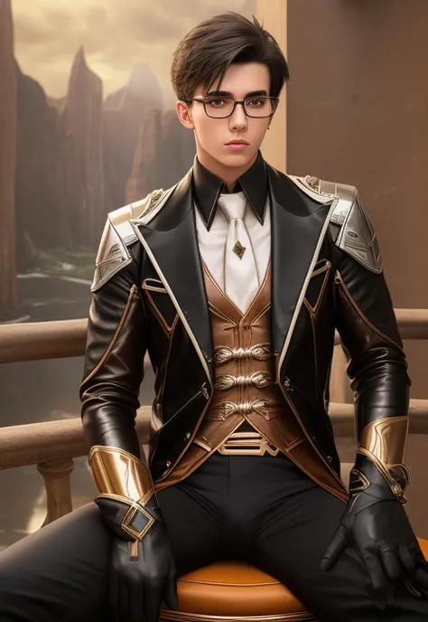 1boy, 16~20 years old, male focus, muscular male, nsfw, 3D, realistic, indoor, normal hue, central, golden ratio, sitting on the leather throne, sharp-featured body, tall, burly, highres, slender build, perfect anatomy, skin texture, thick dark buzzcut hair, see-through bangs, shallow eyebrow, symmetrical eyebrow, large bright eyes, symmetrical eyes, square gold-rimmed glasses, big straight nose, closed mouth, double-edged polearm, broad shoulders, noble attire, bdominal stretch, tight-fitting, leather collar, stand-up collared shirt, necktie, waistcoat, open thick glossy black leather jacket, six-pack abs, leather gloves, black trousers, leather belt, spreading long thin legs, <lora:OnlyCocks_v1.0:0.5>, large erect penis over 10 inches length and 3 inches width, erection, large scrotum with testicles, masturbation, high-heeled leather boots, soft smile, handsome, powerful, from front, looking ahead at viewer, day, masterpiece, best quality, hyper-detailed, intricate detail, professional photography, matte, bright, the most beautiful ever seen, post processing, dreamatic lighting, ambient lighting, epic composition, ultrawide shot, uplight, raytracing reflections, depth of field, gorgeous background <lora:9.5.GenshinImpactZhongli-Morax_v1.0:1>