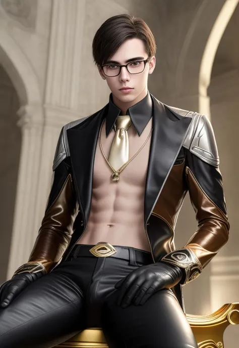 1boy, 16~20 years old, male focus, muscular male, nsfw, 3D, realistic, indoor, normal hue, central, golden ratio, sitting on the leather throne, sharp-featured body, tall, burly, highres, slender build, perfect anatomy, skin texture, thick dark buzzcut hair, see-through bangs, shallow eyebrow, symmetrical eyebrow, large bright eyes, symmetrical eyes, square gold-rimmed glasses, big straight nose, closed mouth, double-edged polearm, broad shoulders, noble attire, bdominal stretch, tight-fitting, leather collar, stand-up collared shirt, necktie, waistcoat, open thick glossy black leather jacket, six-pack abs, leather gloves, black trousers, leather belt, spreading long thin legs, <lora:OnlyCocks_v1.0:0.5>, large erect penis over 10 inches length and 3 inches width, erection, large scrotum with testicles, masturbation, high-heeled leather boots, soft smile, handsome, powerful, from front, looking ahead at viewer, day, masterpiece, best quality, hyper-detailed, intricate detail, professional photography, matte, bright, the most beautiful ever seen, post processing, dreamatic lighting, ambient lighting, epic composition, ultrawide shot, uplight, raytracing reflections, depth of field, gorgeous background <lora:9.5.GenshinImpactZhongli-Morax_v1.0:1>