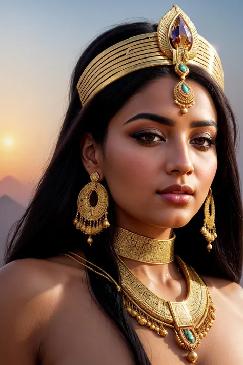 A lifelike and regal portrayal of an Egyptian goddess in the style of realistic portraiture. The goddess should be depicted with intricate and ornate attire befitting her divine status. The details of her jewelry, headdress, and facial features should be captured with precision. The background can include elements of Egyptian architecture or hieroglyphs. The lighting should simulate the warm and golden hues of Egyptian sunsets. The camera should use a medium telephoto lens (135mm) to focus on the goddess's facial details. The shot should be a close-up portrait, emphasizing her divine presence. The image should be rendered in high resolution (4K) for authenticity. (regal deity:1.3), (intricate attire:1.15), (ornate jewelry:1.1), (Egyptian architecture:1.15), (warm lighting:1.2), (medium telephoto lens:1.2), (close-up portrait:1.1), (high resolution:1.2)
 <lora:more_details:1> ,