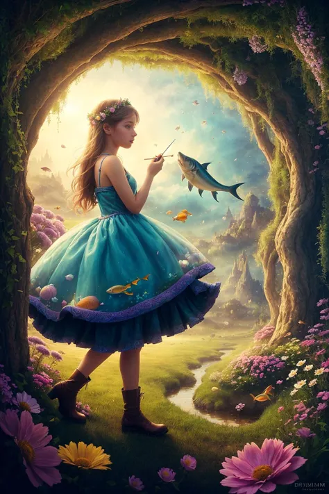 An imaginative and artistic portrayal of a girl on a farm lost in her daydreams. The girl should be depicted in a whimsical and dreamlike scene, surrounded by elements that represent her aspirations and thoughts. The background can include surreal elements like floating flowers or flying animals. The art style should blend realism with elements of fantasy and surrealism, capturing the magic of her imagination. The camera should use a fish-eye lens to add a sense of distortion and whimsy. The lighting should enhance the dreamy and fantastical ambiance. (daydream portrayal:1.25), (whimsical scene:1.15), (aspirations elements:1.1), (realism:1.1), (fantasy:1.2), (surrealism:1.2), (fish-eye lens:1.3), (dreamy lighting:1.2)