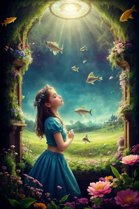 An imaginative and artistic portrayal of a girl on a farm lost in her daydreams. The girl should be depicted in a whimsical and dreamlike scene, surrounded by elements that represent her aspirations and thoughts. The background can include surreal elements like floating flowers or flying animals. The art style should blend realism with elements of fantasy and surrealism, capturing the magic of her imagination. The camera should use a fish-eye lens to add a sense of distortion and whimsy. The lighting should enhance the dreamy and fantastical ambiance. (daydream portrayal:1.25), (whimsical scene:1.15), (aspirations elements:1.1), (realism:1.1), (fantasy:1.2), (surrealism:1.2), (fish-eye lens:1.3), (dreamy lighting:1.2)