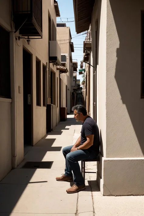 Photorealistic Images: A contemplative moment captured as a middle-aged man sits alone in a tranquil alley, Realistic Photograph, Soft afternoon sunlight casting gentle shadows, Capturing the man's introspective mood, Medium shot highlighting his thoughtful expression, 50mm prime lens for an intimate and natural feel, Subtle use of color grading to evoke a sense of calm, 4K resolution to capture the textures of the man's clothing and the alley's architecture, Conveying a sense of solitude and quiet reflection.