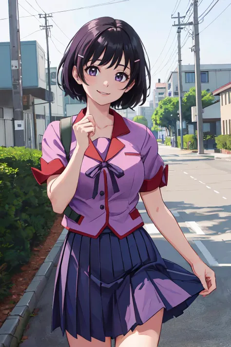 (best quality, masterpiece, RAW photo,ultra-detailed:1.2), <lyco:GoodHands-beta2:1.0>,1girl,solo,looking at viewer,smile <lyco:tsubasahanekawatest:0.9>
hanekawa tsubasa, short hair, black hair, hair ornament, (purple eyes:1.1), hairclip,
skirt, school uniform, naoetsu high school uniform,