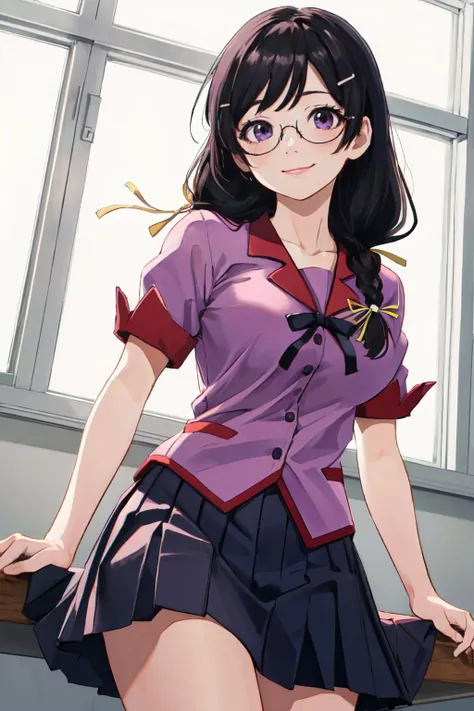 (best quality, masterpiece, RAW photo,ultra-detailed:1.2), <lyco:GoodHands-beta2:1.0>,1girl,solo,looking at viewer,smile <lyco:tsubasahanekawatest:0.9> large breasts,
hanekawa tsubasa, long hair, black hair, hair ornament, (purple eyes:1.1), braid, hairclip, twin braids, glasses,
skirt, school uniform, naoetsu high school uniform,
from below, shool,