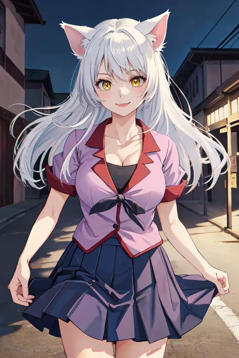 (best quality, masterpiece, RAW photo,ultra-detailed:1.2), <lyco:GoodHands-beta2:1.0>,1girl,solo,looking at viewer,smile <lyco:tsubasahanekawatest:0.9>
hanekawa tsubasa, long hair, animal ears, cleavage, (yellow eyes:1.2), white hair, fang, cat ears, cat girl, slit pupils,
skirt, school uniform, naoetsu high school uniform,