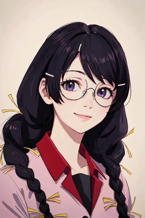 (best quality, masterpiece, RAW photo,ultra-detailed:1.2), <lyco:GoodHands-beta2:1.0>,1girl,solo,looking at viewer,smile <lyco:tsubasahanekawatest:2.0>
hanekawa tsubasa, long hair, black hair, hair ornament, (purple eyes:1.1), braid, hairclip, twin braids, glasses,
