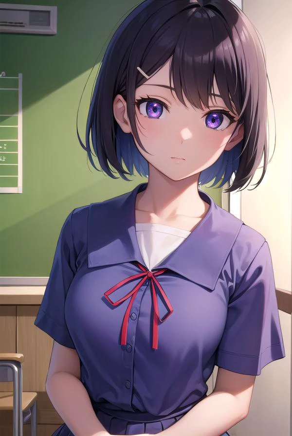 hanekawatsubasa, <lora:tsubasahanekawa-lora-nochekaiser:1>,
hanekawa tsubasa, short hair, black hair, hair ornament, (purple eyes:1.1), hairclip,
BREAK skirt, school uniform, naoetsu high school uniform,
BREAK indoors, classroom,
BREAK looking at viewer, (cowboy shot:1.5),
BREAK <lyco:GoodHands-beta2:1>, (masterpiece:1.2), best quality, high resolution, unity 8k wallpaper, (illustration:0.8), (beautiful detailed eyes:1.6), extremely detailed face, perfect lighting, extremely detailed CG, (perfect hands, perfect anatomy),