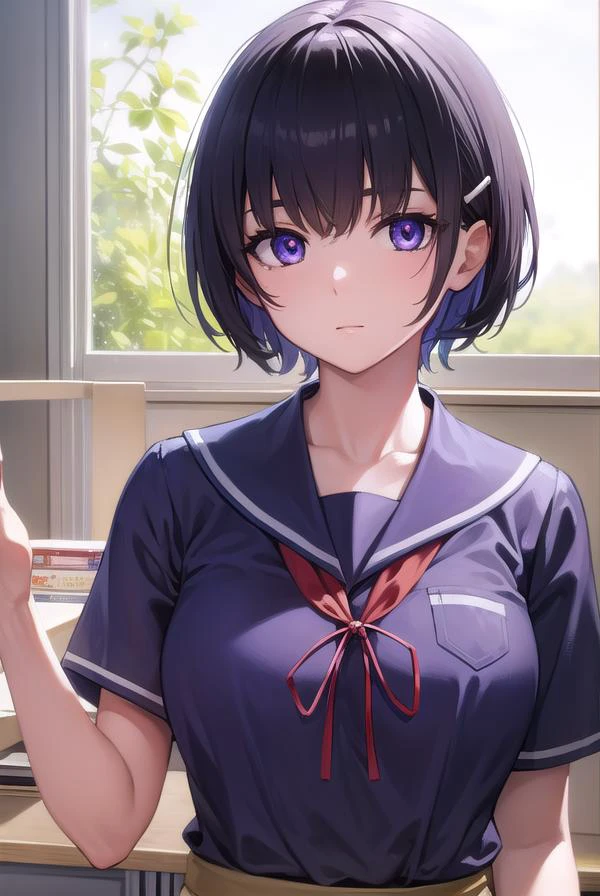 hanekawatsubasa, <lora:tsubasahanekawa-lora-nochekaiser:1>,
hanekawa tsubasa, short hair, black hair, hair ornament, (purple eyes:1.1), hairclip,
BREAK skirt, school uniform, naoetsu high school uniform,
BREAK indoors, classroom,
BREAK looking at viewer, (cowboy shot:1.5),
BREAK <lyco:GoodHands-beta2:1>, (masterpiece:1.2), best quality, high resolution, unity 8k wallpaper, (illustration:0.8), (beautiful detailed eyes:1.6), extremely detailed face, perfect lighting, extremely detailed CG, (perfect hands, perfect anatomy),