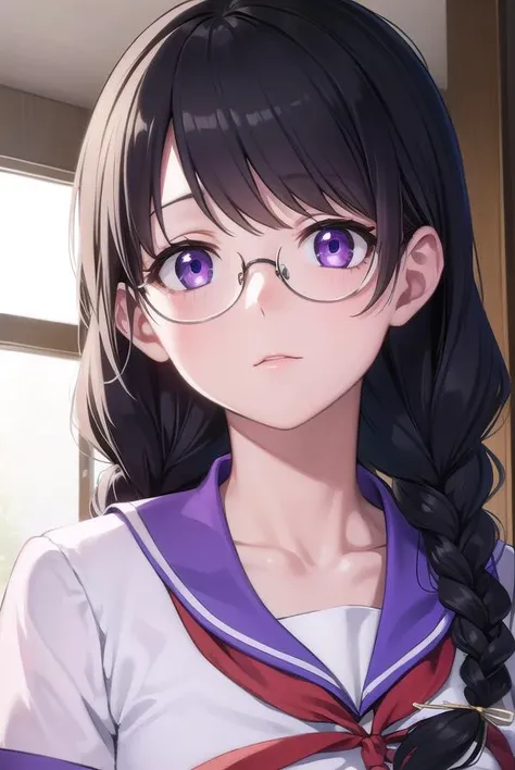 hanekawatsubasa, <lora:tsubasahanekawa-lora-nochekaiser:1>, 
hanekawa tsubasa, long hair, black hair, hair ornament, (purple eyes:1.1), braid, hairclip, twin braids, naoetsu high school uniform, glasses,
BREAK skirt, school uniform, naoetsu high school uniform,
BREAK indoors, classroom,
BREAK looking at viewer,
BREAK <lyco:GoodHands-beta2:1>, (masterpiece:1.2), best quality, high resolution, unity 8k wallpaper, (illustration:0.8), (beautiful detailed eyes:1.6), extremely detailed face, perfect lighting, extremely detailed CG, (perfect hands, perfect anatomy),