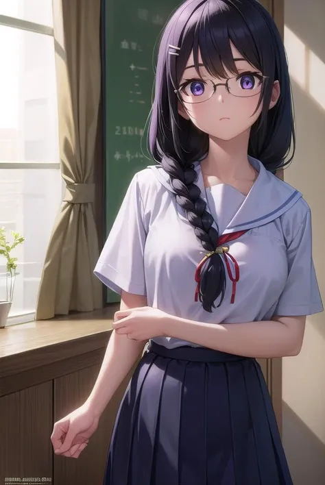 hanekawatsubasa, <lora:tsubasahanekawa-lora-nochekaiser:1>, 
hanekawa tsubasa, long hair, black hair, hair ornament, (purple eyes:1.1), braid, hairclip, twin braids, naoetsu high school uniform, glasses,
BREAK skirt, school uniform, naoetsu high school uniform,
BREAK indoors, classroom,
BREAK looking at viewer, (cowboy shot:1.5),
BREAK <lyco:GoodHands-beta2:1>, (masterpiece:1.2), best quality, high resolution, unity 8k wallpaper, (illustration:0.8), (beautiful detailed eyes:1.6), extremely detailed face, perfect lighting, extremely detailed CG, (perfect hands, perfect anatomy),